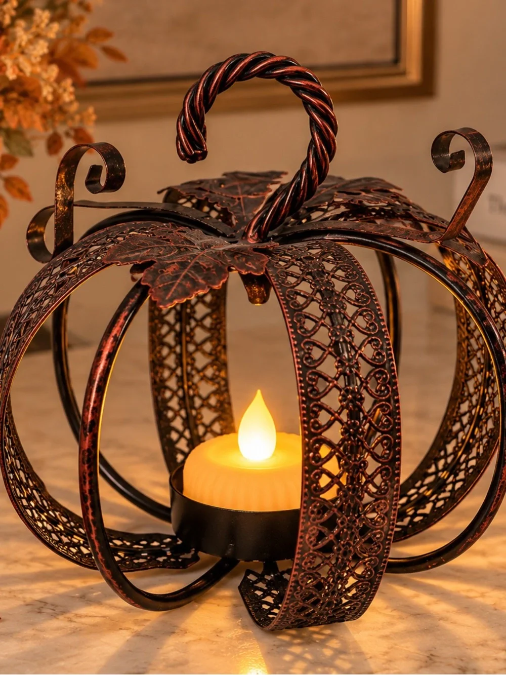 Amber Glass Pumpkin Lantern with Metal Handle - Home Accents